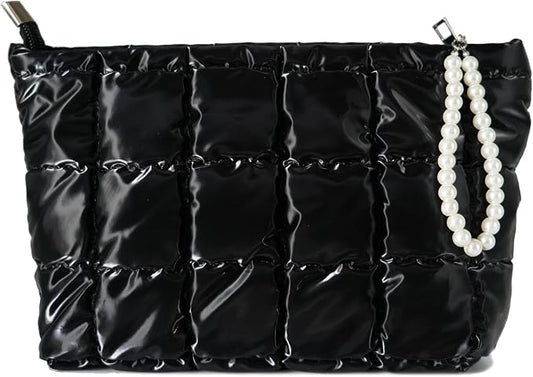 Puffer Quilted Makeup Bag Travel Cosmetic Bag Portable Puffy Checkered Toiletry Pouch Skincare Organizer Purse Pencil Case (Black)