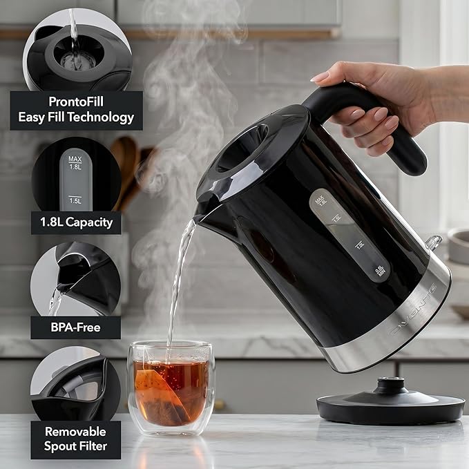 OVENTE 1.8L Electric Kettle, 1500W Fast Boiling Heater for Coffee or Tea, BPA Free, Easy to Fill Lid, Water Level Window, Auto Shut-Off, Boil-Dry Protection and Removable Filter, Black KP413B