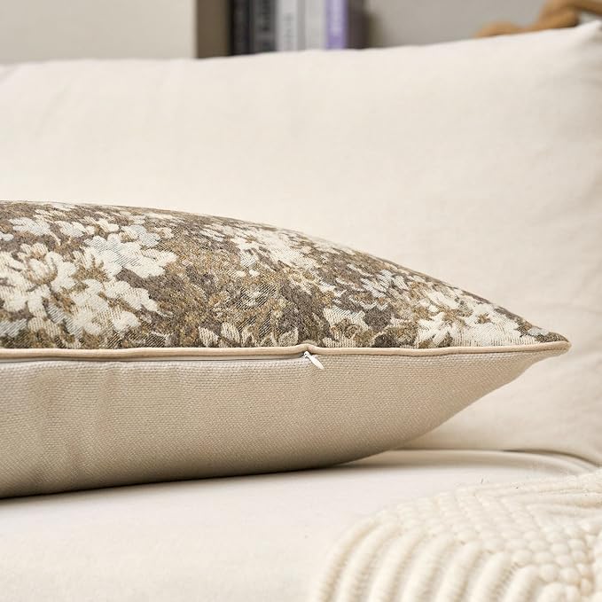 Neutral Floral Pillow Cover 14 x 36 Inches, Vintage Chenille Accent Throw Pillow Cover Soft Decorative Farmhouse Accent Couch Pillow Cover for Living Room Bedroom, Beige