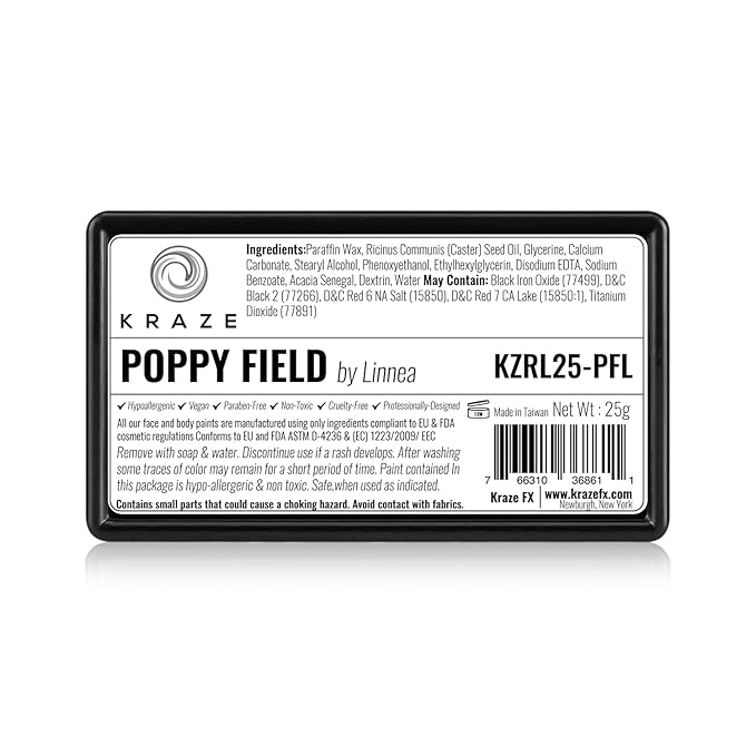 Kraze FX Dome Stroke - Poppy Field by Linnea (25 gm), Professional 1-Stroke Split Cake, Hypoallergenic, Non-Toxic, Water Activated Face & Body Painting Makeup Supplies for Kids Safe Adults