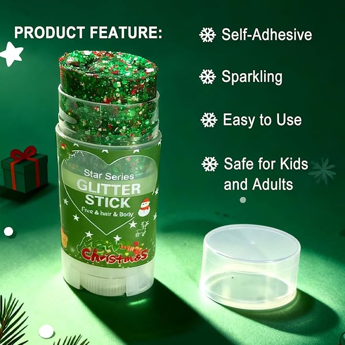 Green Red and White Body Glitter Stick, Christmas Hair Glitter for Kids Women,Xmas Party Festivel Accessories Outfits Face Glitters Makeup, Long Lasting Chunky Sequins Gel for Christmas (Green)