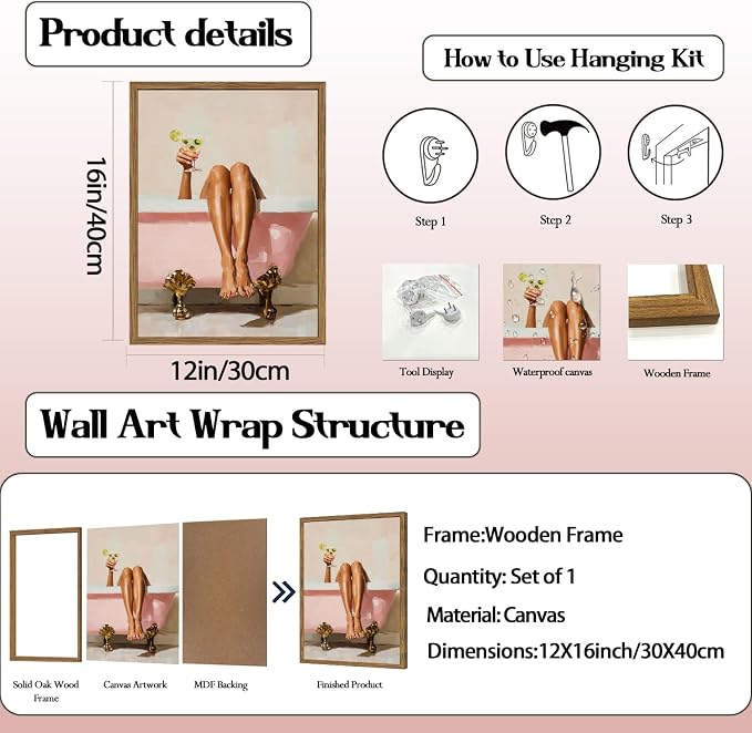Funny Girl Bathroom Wall Art Pink Cute Girly Bathtub Wall Decor Picture, Trendy Girl Bathroom Martini Cocktail Poster Canvas Print Painting Minimalist Cute Woman Artwork 12x16 inch Wood Framed