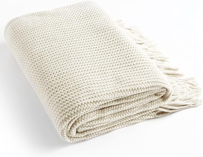 Blagic Chenille Throw Blanket for Couch and Bed,Off White,50"x60" | Soft Farmhouse Boho Throw Blanket with Tassels,Decorative for Living Room,Stripe Textured Throws for Bed/Chair/Sofa