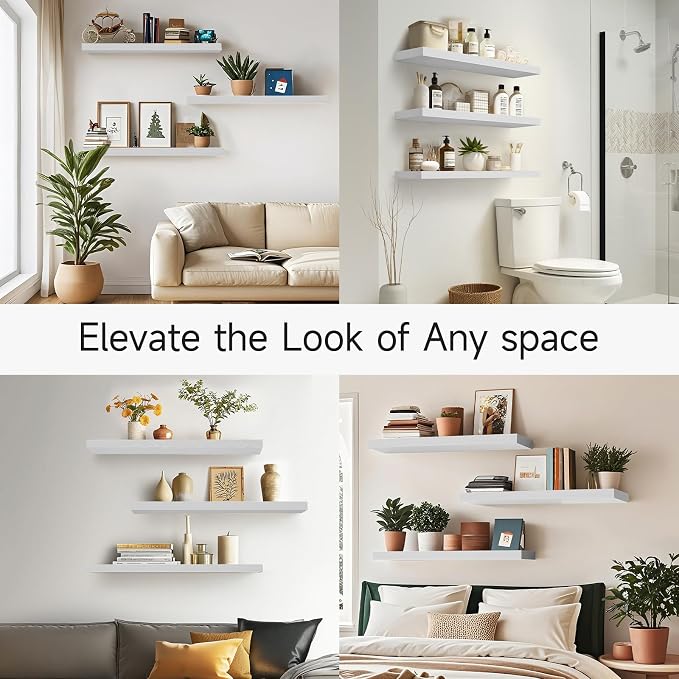 BAYKA White Floating Shelves 35.4in, Set of 3, Wall Mount Rustic Wood Shelf | Easy Install, 22lbs Max Load, Hidden Bracket, Hanging Shelf for Living Room Bathroom Bedroom Kitchen Display Storage Decor