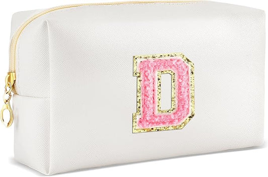 URSKYTOUS Initial Makeup Bag Personalized Preppy Travel Small Cosmetic Bag Cute PU White Chenille Letter Makeup Pouch for Purse Waterproof Zippered Toiletry Organizer for Women Girls Kids Friends (D)