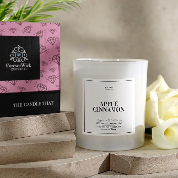 Apple Cinnamon Surprise Candle with Diamond Inside | Foreverwick Candles | Scented Soy Candles Gifts for Women Aromatherapy Candle Wax | Romance Candles All-Natural Organic Soy Candle 14oz | 70h