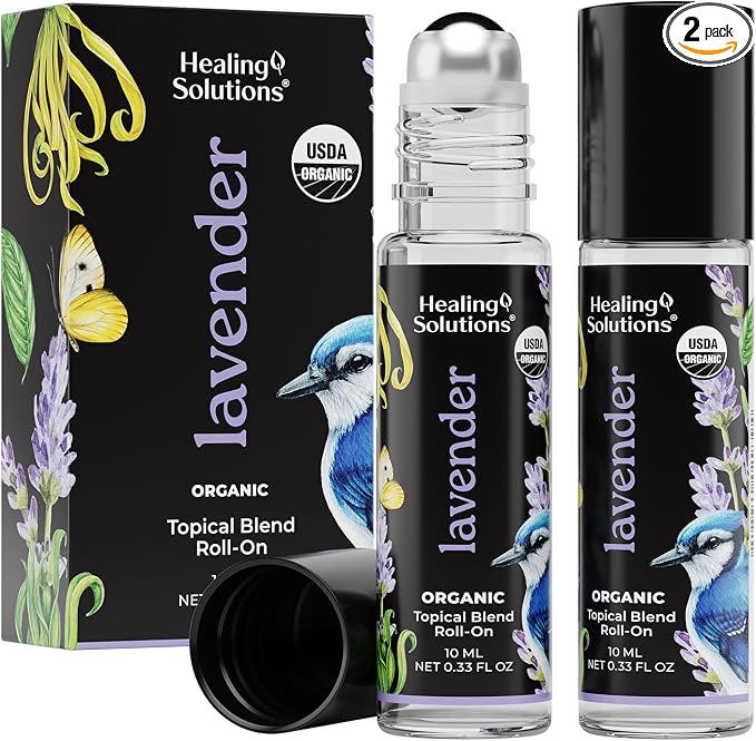 Healing Solutions Lavender Essential Oil Roll-On (2-Pack) - USDA Organic Calming Essential Oil Roller for Sleep & Skin