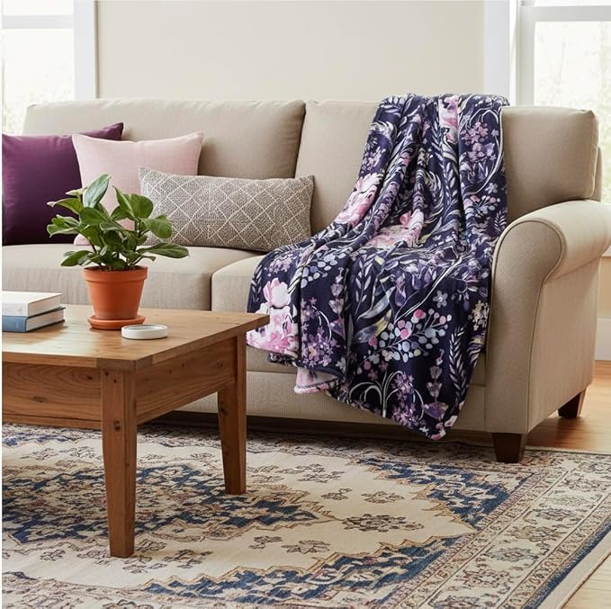 Floral Fleece Throw Blanket: Flowers Velvety Soft Vibrant Botanical Accent for Couch or Bed, Colors: Dark Navy Blue Pink Purple Yellow Green White, Oversized 50" x 70"