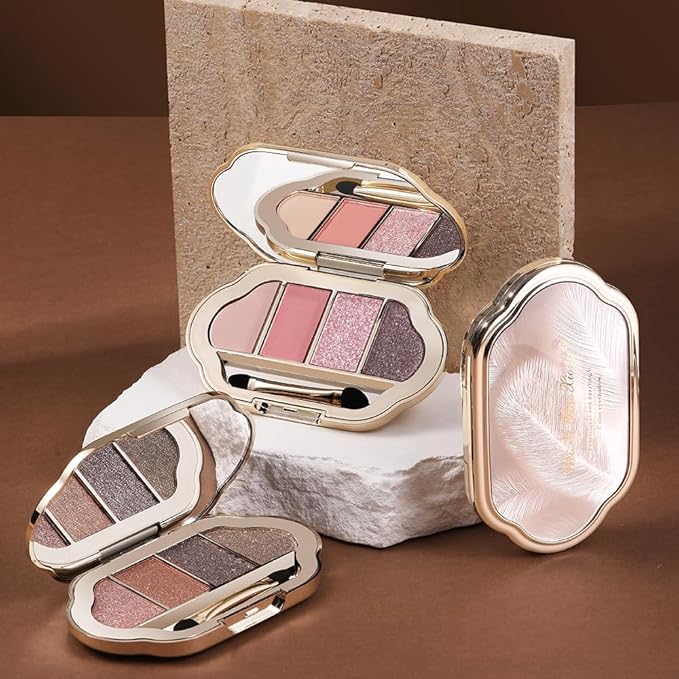 Nude Eyeshadow Palette 4 Colors, earth caramel Matte & Shimmer Neutral Shades, Highly Pigmented Blendable Long-Lasting Powder, Smooth No-Fallout Daily Eye Makeup Palette and Natural Look-B02#