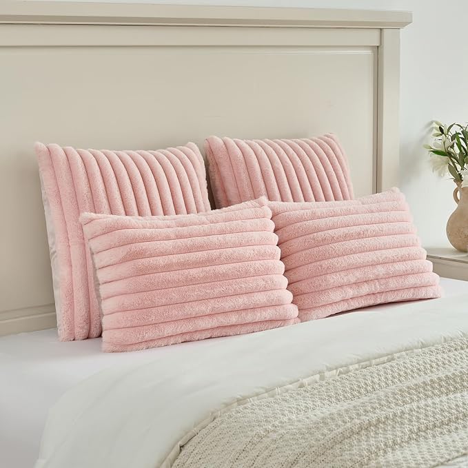 FUTEI Pack of 2 Faux Fur Throw Pillow Covers 22x22 Inch, Pink | Fluffy Faux Rabbit Fur Front/Premium Velvet Back,Hidden Zipper,Machine Washable,Non-Shedding,Colorfast,Insert Not Included.