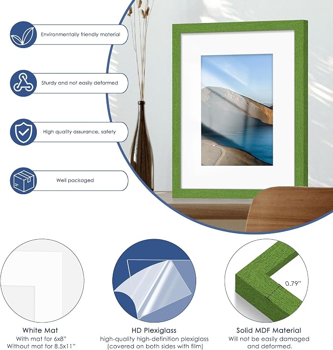 8x10 Picture Frame Set of 6, Wall or Tabletop Display, Green | Display Pictures 5x7 with Mat or 8x10 Without Mat, Horizontal or Vertical, Gallery Wall Frame Set, Wedding Birthday Gifts