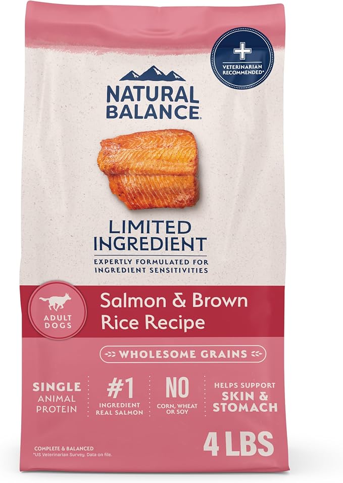 Natural Balance Limited Ingredient, Salmon & Brown Rice, 4 lb | Dry Dog Food with Wholesome Grains, Balanced Nutrition for Adult Dogs with Sensitivities, Skin and Stomach Support