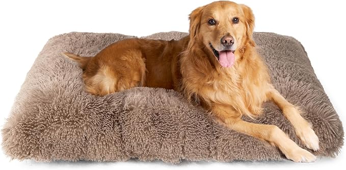 EHEYCIGA Fluffy Dog Crate Bed, Plush Extra Large Dog Pillow, Camel | Xlarge Calming Anti Anxiety Plush Faux Fur Mat for Large size dogs, Washable Soft Warm Dog Pad with Non-Slip Bottom