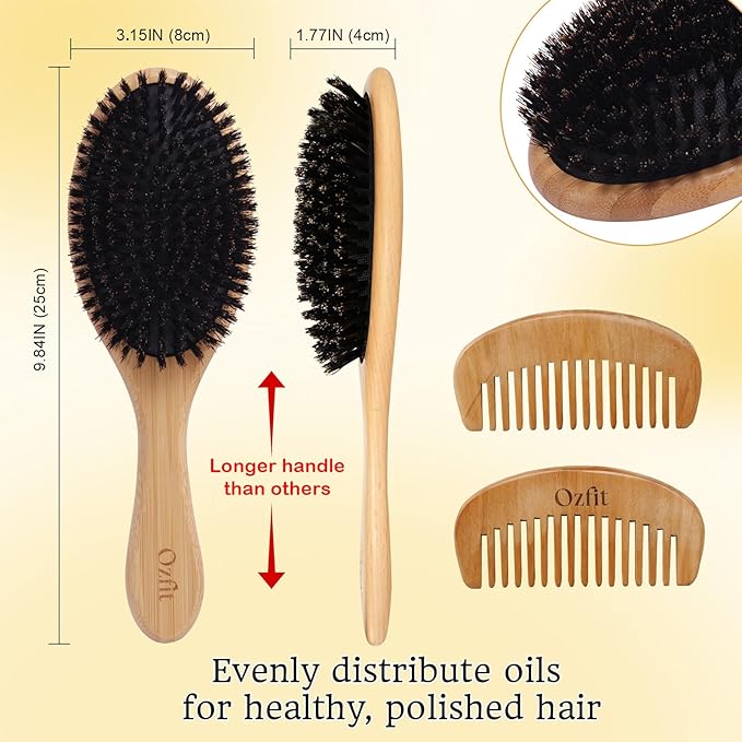OZFIT 100% Boar Bristle Hair Brush - Natural Bamboo Hair Brush for Men & Women, Promotes Hair Growth, Includes Travel Bag & Cleaner