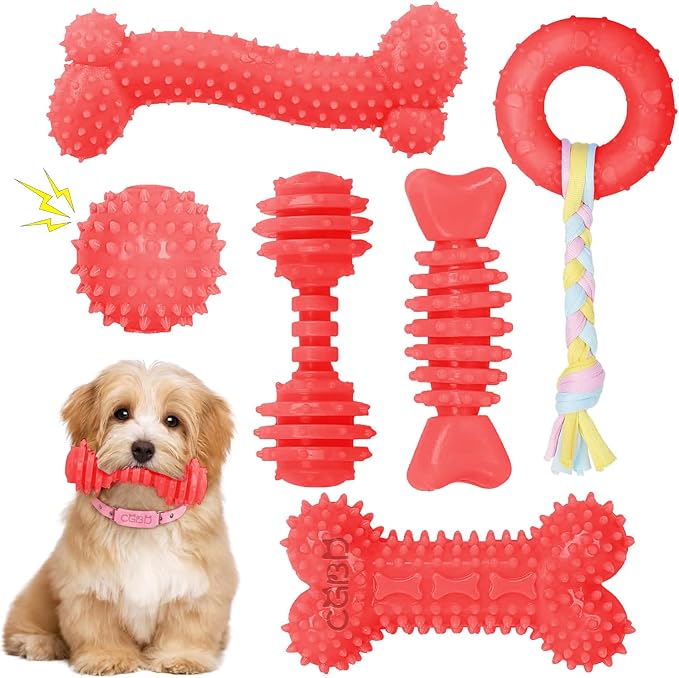 6 Pack Red Dog Chew Toys, Small Dog Teething Toys, Dental Health & Interactive Play