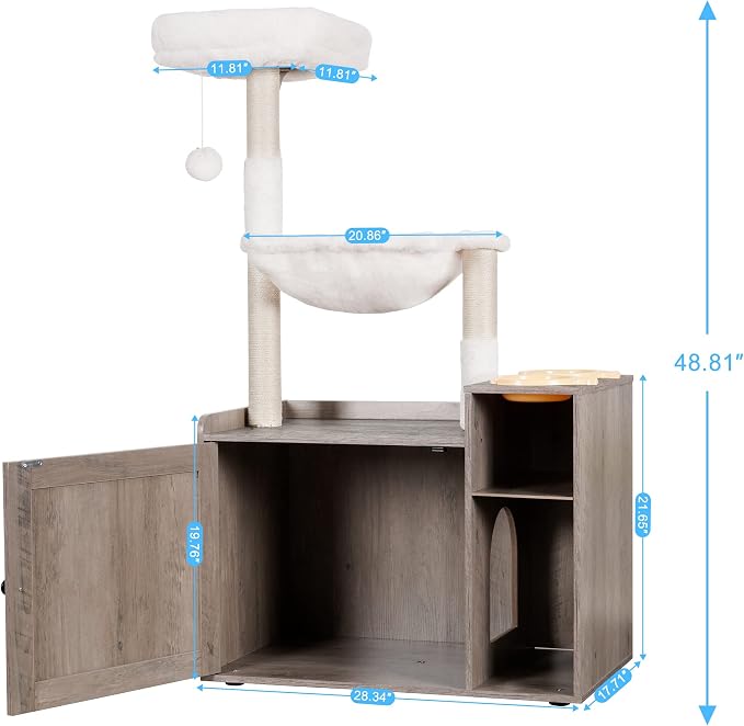 Hey-brother Cat Tree Tower, Food Station, XL Litter Box Enclosure, MPJ101SG | 48.81 Inches Wooden All-in-one Cat Furniture, Large Hammock, Bed, Scratching Posts, Big Basket for Indoor Cats, Rustic Gray