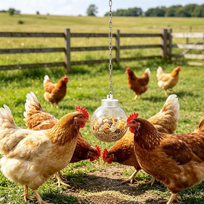 2pcs Chicken Treat Dispenser Toy,Interactive Slow Feeder Hanging Ball with Chain,Chicken Pecking Foraging Enrichment Toy, Coop Accessories for Hens Poultry Duck Birds Parrots (1)
