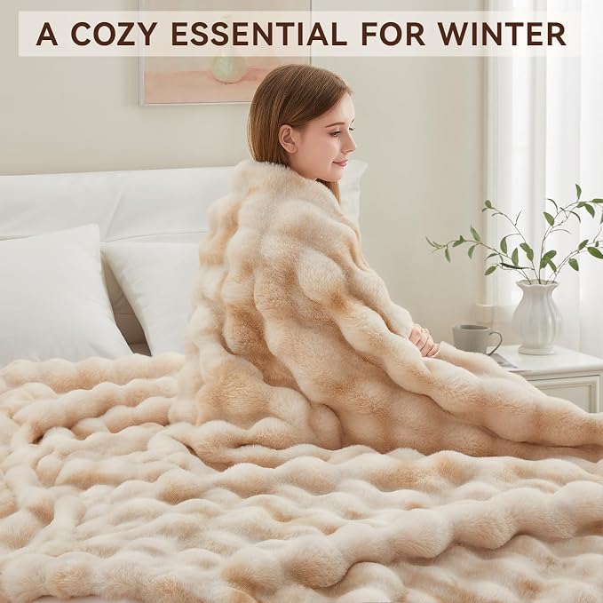 Anysay Faux Fur Throw Blanket, 1000GSM Fluffy Soft Bubble Blanket 60''*80'' | Cozy Plush Warm and Thick Blanket for Couch Bed, Fuzzy Rabbit Throw for Living Room Bedroom Camel