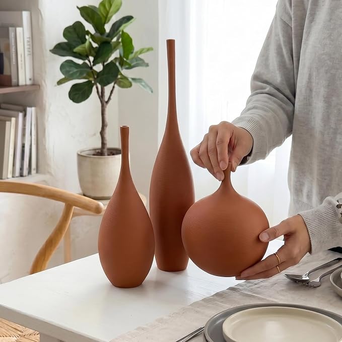 Ceramic Vases Set of 3, Modern Boho Vases for Centerpiece Decor, Matte Terracotta Brown Minimalist Decorative Vases for Home Decor, Living Room, Bookshelf, and Entryway Table Decor