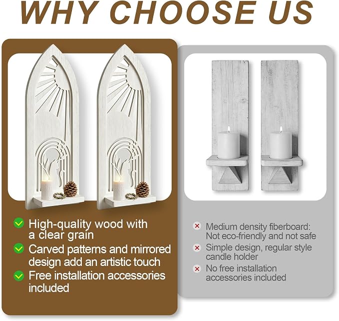 ZEXUIRU 2 Set Rustic Candle Sconces Living Room Bedroom Entryway Wood Mirrored, Farmhouse, Carved Frame Wall-Mount Wooden Candle Holders Wall Decor Hanging Handmade Holder - Distressed White