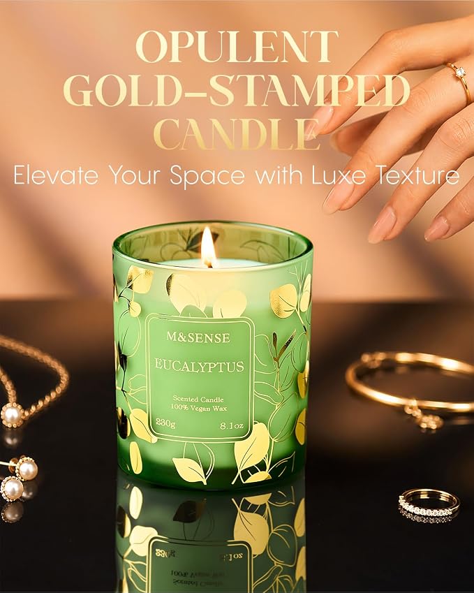 M&SENSE Eucalyptus Soy Candle, 8.1oz Gilded Glass, Spa Calming Aromatherapy | 42H Slow Burn, Fresh Bathtub Home Fragrance, Non-Toxic, Warmer Lamp Safe, Reusable Spa Jar, Sensitive-Nose Friendly