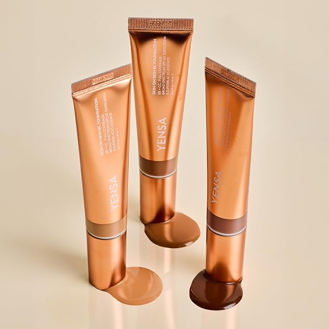 YENSA Skin on Skin BC Foundation Makeup - CC, BB Cream & Full Coverage Foundation-In-One - Buildable, Radiant Finish with SPF 40, Hyaluronic Acid, Peptides & 8 SuperBlacks - Fair Warm (1 oz)