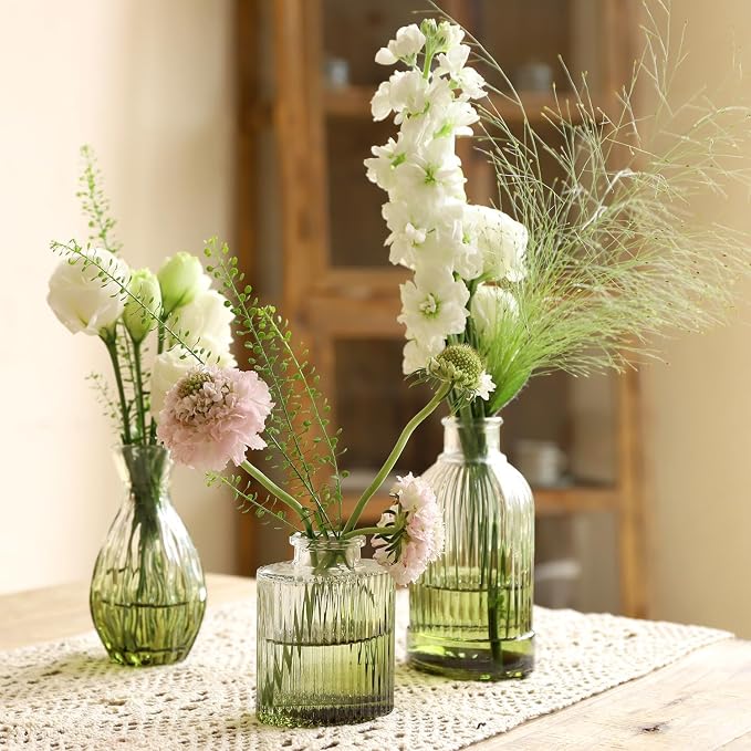 Green Bud Vases Set of 12, Small Green Glass Vase for Table Centerpieces | Ribbed Flower Vase Stripe Bud Vases in Bulk Wedding Birthday Bridal Shower Home Table Decoration