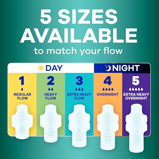 Always Pure Cotton Feminine Pads for Women, FlexFoam Pads with Wings, Size 5, Extra Heavy Overnight Absorbency, Unscented, 54 Count (3 Packs of 18)