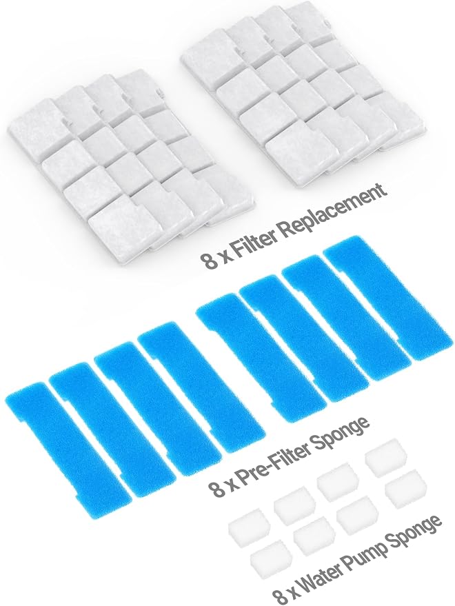 SIBAYS Dog Water Fountain Filter Replacement, 4Gal/15L Pet Fountain Filters, Made of Activated Carbon and PP Cotton, 8 Pet Water Fountain Filters, 8 Pre-Filter Sponge with 8 Pump Sponge(Model: L05)