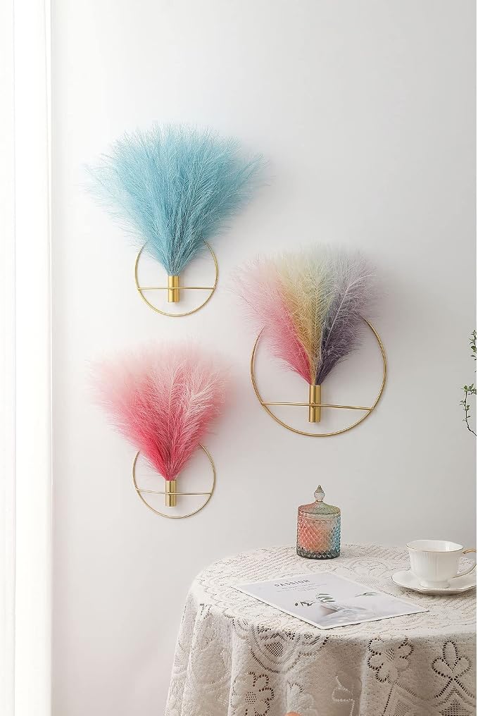 Pretty Jolly Boho Pampas Wall Decor Gold Metal Wall-Mounted Art | Morden Artificial Greenery Display，2 Pack Pink Hanging Planter For Living Room, Bedroom, Bathroom, Dining room