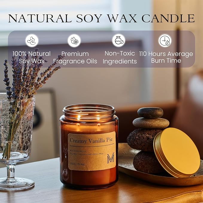 M&SENSE Creamy Vanilla Pie Scented Large Candle, 19.4oz Aromatherapy Candle for Home Fragrance, Natural Organic Soy Wax Long-Lasting for Stress Relief, Yoga, Gifting for Birthday, Housewarming