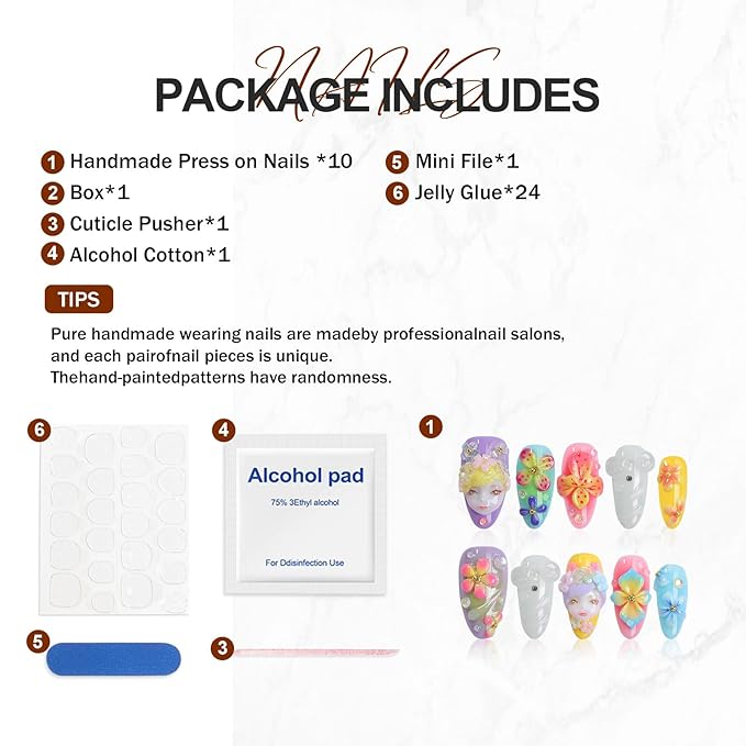 Press on Nails - Medium Almond Colorful Doll with Handmade Nails Acrylic Handmade Press on Nail for Salon Party