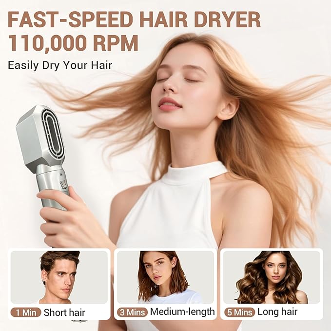 Lavomist 8-in-1 Dual Voltage Hot Air Styler & Hair Dryer Brush with Straightener & Curler Attachments, 110,000 RPM Ionic Fast Drying for Frizz-Free Styling, Includes Travel Bag