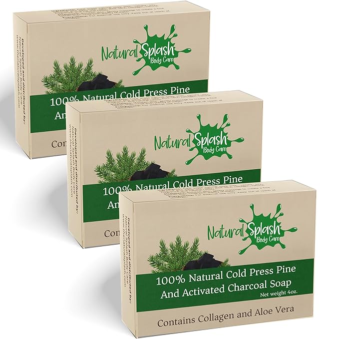 Natural Handmade Cold Press Bar Soap – Pine and Activated Charcoal - Aloe Vera and Vegetable Collagen – Soft exfoliating Formula - 3 Pack