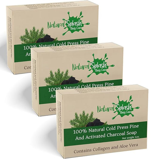 Natural Handmade Cold Press Bar Soap – Pine and Activated Charcoal - Aloe Vera and Vegetable Collagen – Soft exfoliating Formula - 3 Pack