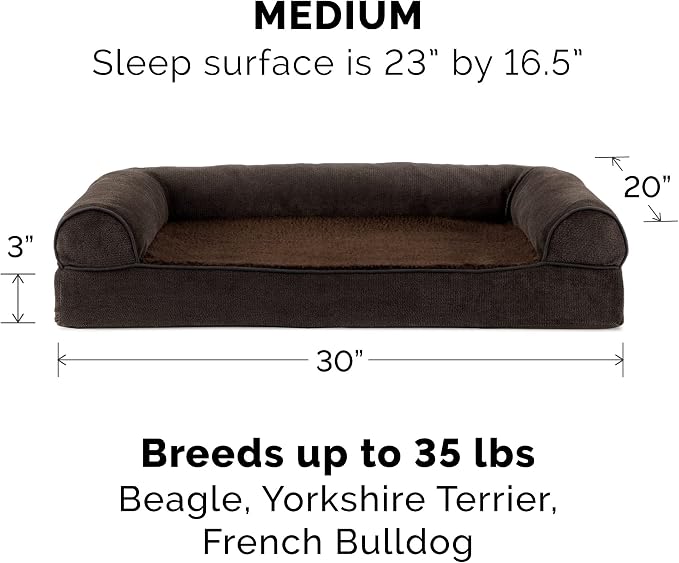 Furhaven Cooling Gel Dog Bed for Medium/Small Dogs w/ Removable Bolsters & Washable Cover, For Dogs Up to 35 lbs - Sherpa & Chenille Sofa - Coffee, Medium