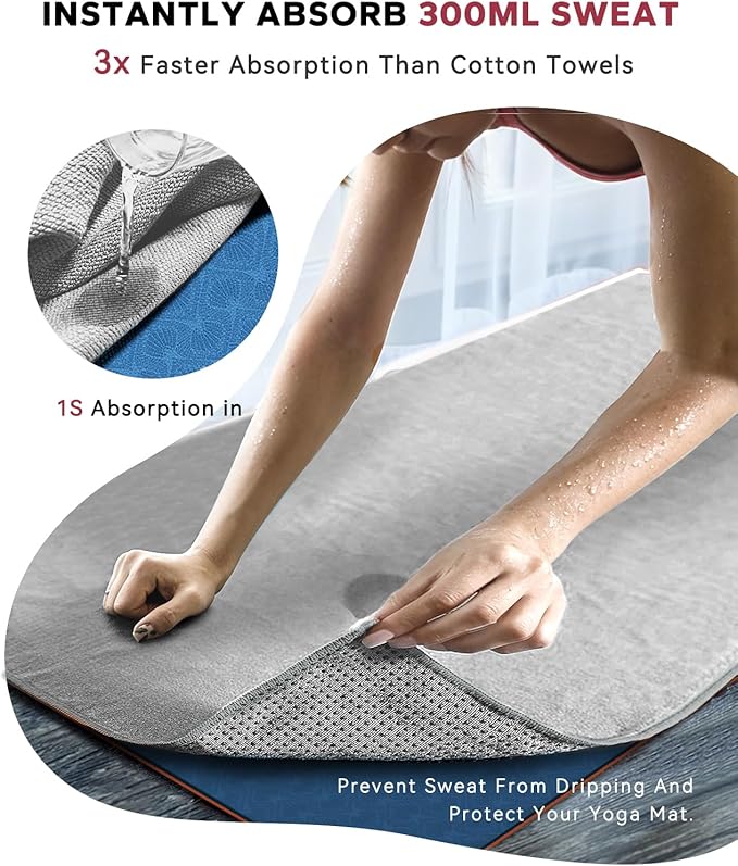 HAPBEAR Hot Yoga Towel with Non-Slip Grip Dots, 72" x 24" - Super Absorbent, Soft Microfiber Yoga Mat Towel for Bikram, Gym, Pilates - Grey