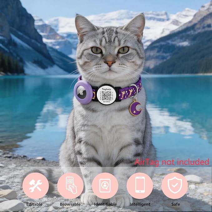 2 Pack Airtag Cat Collar, Breakaway Cat Airtag with Smart ID tag & QR Code Reflective (Star Moon & Paw Pattern - Purple, with Integrated AirTag Holder)