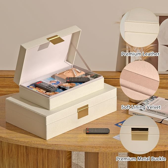 Decorative Storage Box Set of 2, PU Leather Organizer for Home Decor Beige | Multi-Purpose Beautiful Decorative Container with Lids Store Photos, Documents, Memory Box Keepsakes Collect, ideal for Gifts
