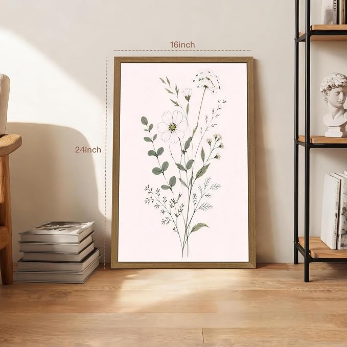 OPFDE Wood Framed Sage Green Botanical Wall Art Set of 3, Minimalist Wildflower Poster Prints, Neutral Floral Line Art Decor, Modern Farmhouse Bathroom Artwork for Living Room Bedroom 16x24 Inch