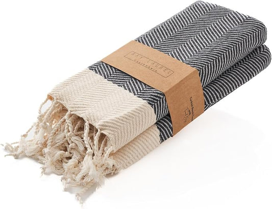 BAY LAUREL Turkish Hand Towel – Pack of 2 | Soft & Absorbent Decorative Towels for Bathroom, Hand, Face, Hair, Gym, Yoga, SPA, Kitchen & Tea | Boho Decor(Dark Gray, Herringbone 16X40 Inches (Set of 2)