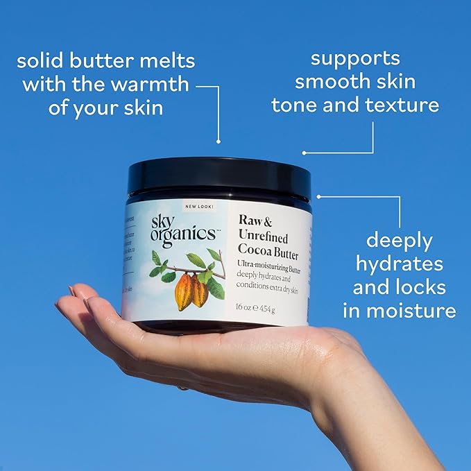Sky Organics Cocoa Butter for Body, 100% Raw & Unrefined Ultra-Moisturizing Butter to Deeply Hydrate & Condition Skin, Promotes Smooth Skin Tone & Texture, Suitable for Tight or Extra Dry Skin, 16 Oz.