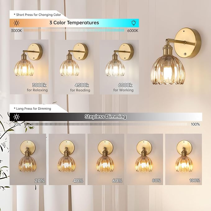 Shenmoyl Battery Operated Vintage Wall Sconces with Amber Tulip Glass Lampshade Battery Powered Wall Lighting for Bedside Bedroom Doorway, Set of 2