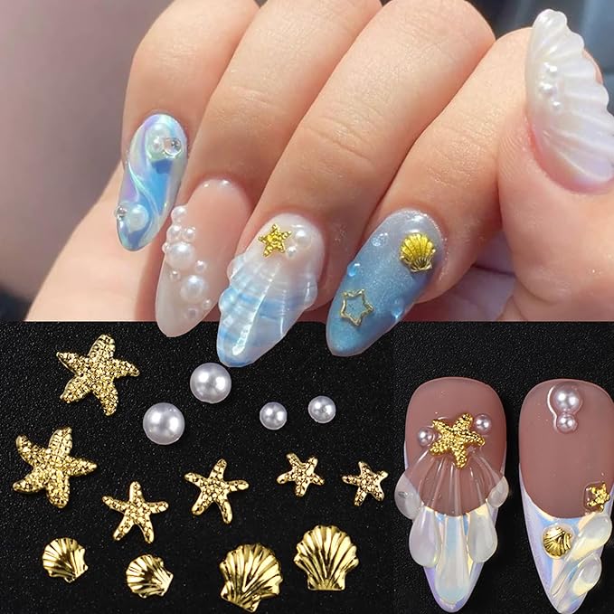 Summer Nail Charms, Ocean Style Starfish Scallop Half-Round Pearl Mixed Mini Nail Jewelry Gold Nail Rhinestones Pearls Ocean Theme Designs Metallic Slice DIY Manicure Nail Parts Y2K for Nails