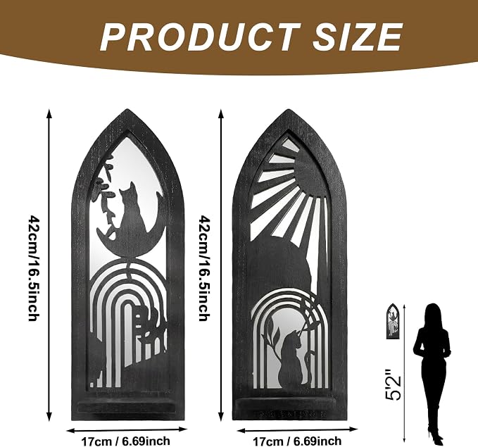 ZEXUIRU 2 Set Rustic Candle Sconces Living Room Bedroom Entryway Wood Mirrored, Farmhouse, Carved Frame Wall-Mount Wooden Candle Holders Wall Decor Hanging Handmade Holder - Black