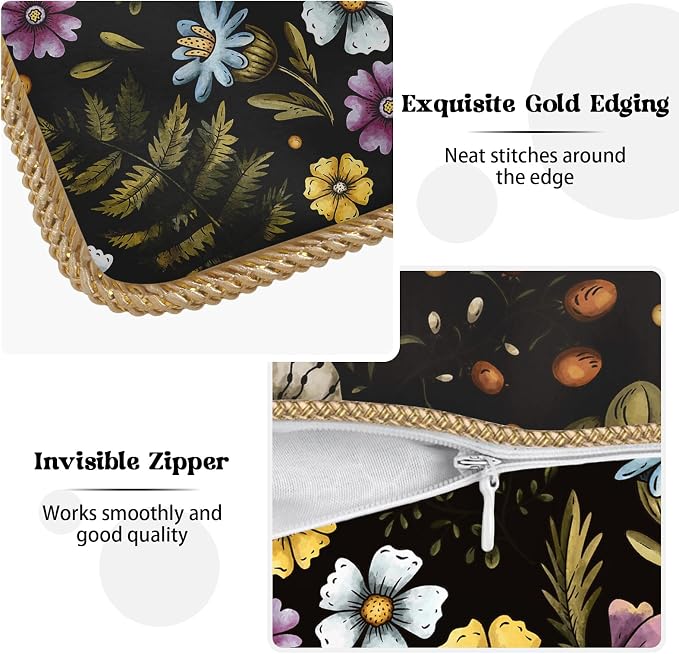 Blue Yellow Purple Floral Soft Velvet Throw Pillow Covers Set of 2 Plant Botanical Flowers Decorative Pillow Covers 20x20 In Vintage Black Pillow Case For Sofa Couch Living Room Farmhouse Home Decor