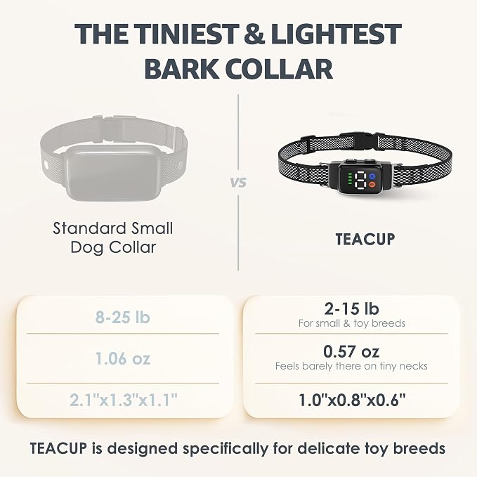 Teacup Bark Collar for Small Dogs 2-15lbs - No Shock Humane Anti Barking Collar with Vibration & Beep - Ultra Light Tiny Dog Bark Collar for Toy Breeds, IP67 Waterproof, Magnetic Rechargeable (Black)