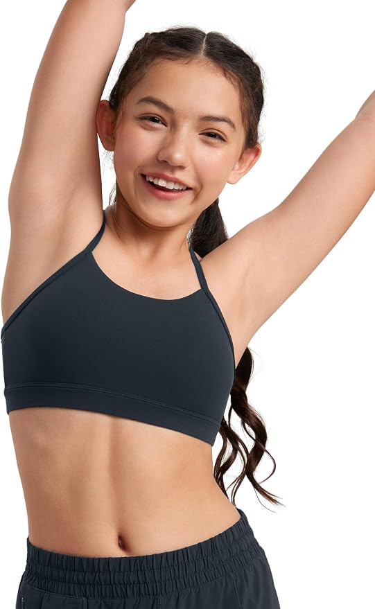 CRZ YOGA Girls Butterluxe Y Back Sports Bra - Yoga Athletic Casual Tops Scoop Neck Spaghetti Strap Padded Crop Kids Teen