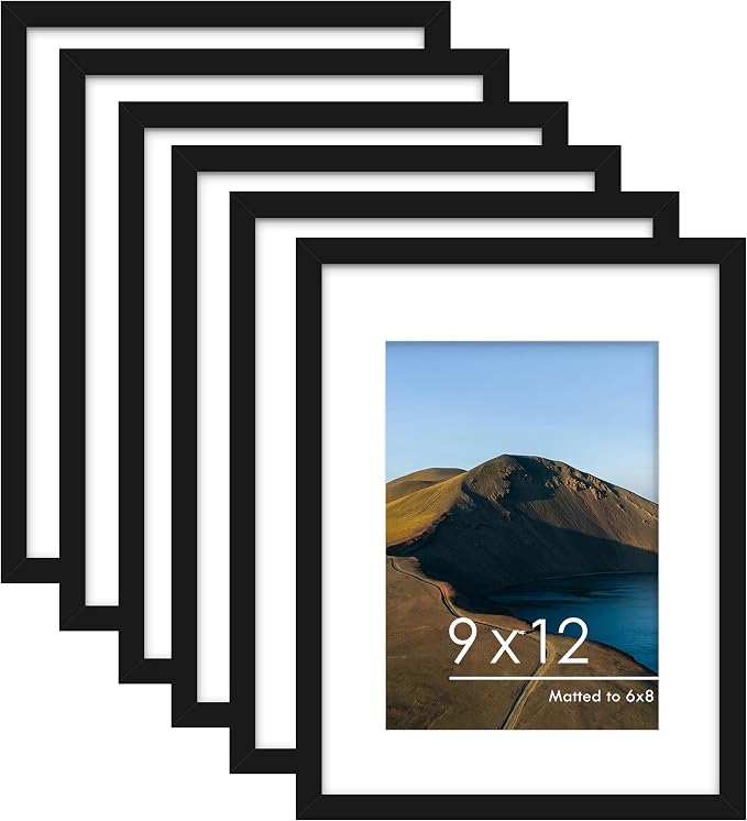 9x12 Picture Frame Set of 6, Wall or Tabletop Display, Black | Display Pictures 6x8 with Mat or 9x12 Without Mat, Horizontal or Vertical, Gallery Wall Frame Set, Wedding Birthday Gifts