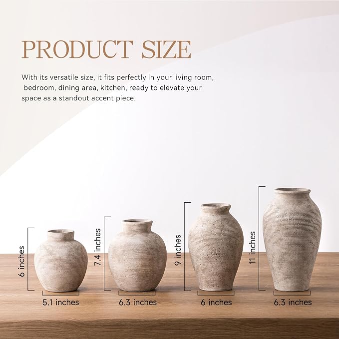 Vanselia Ceramic Flower Vase Home Decor - Large Farmhouse Table Vases Rustic Vintage Living Room Kitchen Bedroom Decorations for House Book Shelf Office Coffee Desk Dining Fireplace (9" Retro)